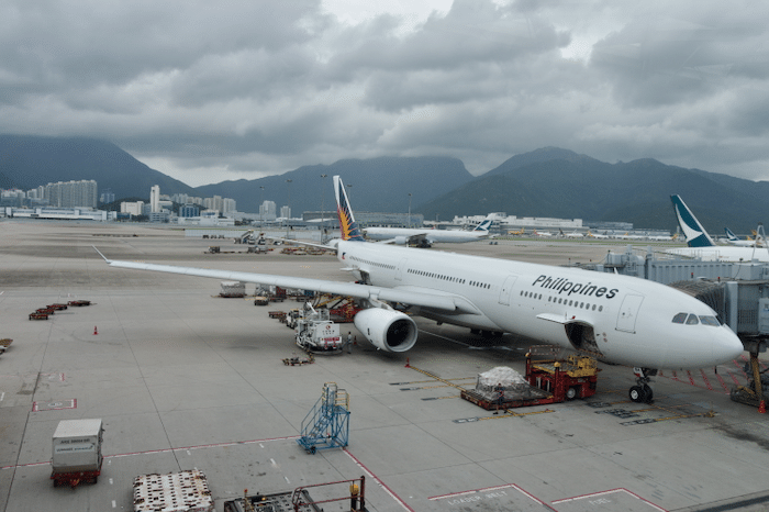 A Philippine Airlines flight at Hong Kong International Airport, Chek Lap Kok, Lantau.