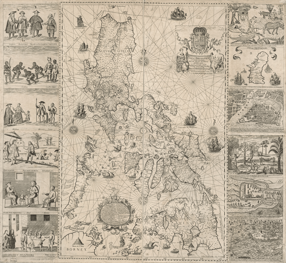 A hydrographical and chorographical chart of the Philippines, with inset detail, produced by cartographer, Jesuit Father Pedro Murillo Velarde; engraver, Nicolás de la Cruz Bagay, and artist, Francisco Suarez (1696-1753) and published in Manila in 1734. Public domain