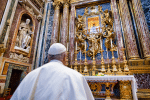 Pope Francis at prayer before the Marian icon, Salus Populi Romani, at the Basilica of St. Mary Major in Rome on March 15. Photo: CNS/Vatican Media