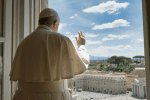 Pope Francis gives his blessing from the window of the library in the Apostolic Palace on May 3, after a live transmission of the Regina Coeli. Photo: CNS/Vatican Media