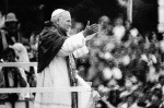 Pope St. John Paul II greets throngs of Poles waiting for a glimpse of their native son at the monastery of Jasna Gora in Czestochowa during his 1979 trip to Poland. Photo: CNS