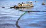 Volunteers attempt to clean the oil spill at the Mahebourg Waterfront in Riviere des Creoles, Mauritius, on August 11. Photo: CNS/L’Express via Reuters