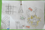 Drawings by a young boy depicting abuse at a youth detention centre. They illustrate, clockwise from top left, being forced by guards to cling to the bars of the cell for hours until the pain is unendurable; being hung upside down by the feet; being forced to hold up a box until his arms are in pain; forced to kneel with arms outstretched while holding weights; toothpaste being forced into his eye; made to kneel while other boys’ box and beat his ears; made to lean with his head against the wall with legs stretched behind him for long periods of time until the pain makes him cry; and, centre, expired, bad-tasting fly-infested food. Photo: Preda