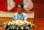 Aung San Suu Kyi speaks at a meeting with government authorities, members of civil society and the diplomatic corps during Pope Francis’ visit in 2017. Photo: CNS