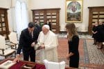 Pope Francis meets with Spanish prime minister, Pedro Sanchez, and his wife, Maria Begona Gomez Fernandez, at the Vatican on October 24. Photo: CNS /Vatican Media via Reuters