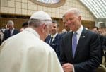 Pope Francis greeting then-vice president, Joe Biden, after both spoke at a conference on adult stem-cell research at the Vatican on 29 April 2016. File photo: CNS photo/L’Osservatore Romano