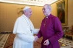 Pope Francis greets Anglican Archbishop Justin Welby of Canterbury, head of the Church of England, in 2014. Photo: CNS /L'Osservatore Romano