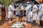 A Covid-19 response team of the Diocese of Lashio distributes food in Shan state, Myanmar, on May 21. Photo: UCAN/ Diocese of Lashio, social communication office