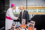Archbishop Anthony Fisher of Sydney greets author. Keith Windschuttle. at the launch of his book "The Persecution of George Pell" in Sydney 10 December 2020. Photo: CNS photo/Giovanni Portelli, The Catholic Weekly