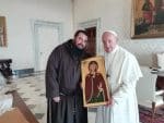 Father Antenucci presents an image of Our Lady of Silence to Pope Francis at the Vatican on 22 March 2019. Photo: CNS /courtesy Father Emiliano Antenucci
