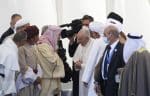 Pope Francis talks with religious leaders during an interreligious meeting on the plain of Ur near Nasiriyah, Iraq, on March 6. Photo: CNS