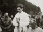 Then-Father Joseph Ratzinger, chaplain at the parish of St. Martin in the Moosach district of Munich, celebrates Mass in a mountainous area near Ruhpolding in July 1951 after his priestly ordination on 29 June 1951. Photo: CNS/KNA