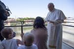 Pope Francis talks with young patients who joined him on the balcony to lead the Angelus at Gemelli hospital in Rome on July 11. Photo: CNS/Vatican Media via Reuters