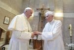 Pope Francis greets Emeritus Pope Benedict XVI at the retired pope's residence after a consistory for the creation of five new cardinals at the Vatican 28 June 28 2017. Photo: CNS/L'Osservatore Romano