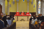 Bishop Ha, Cardinal Tong and Father Dominic Chan Chi-ming, cathedral parish priest, celebrate Mass on October 17 at the Cathedral of the Immaculate Conception, Caine Road.