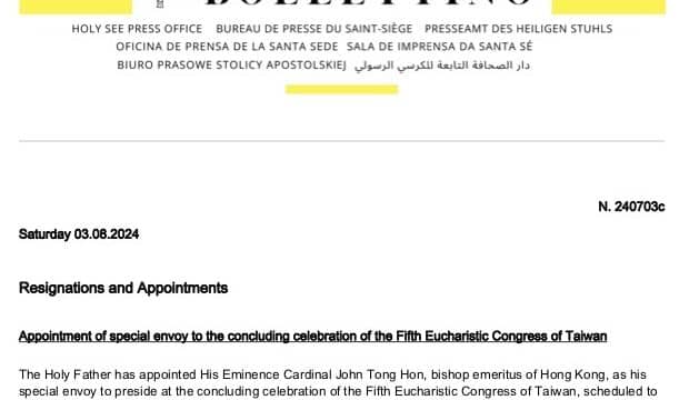 Cardinal Tong appointed special envoy to Fifth Eucharistic Congress of Taiwan