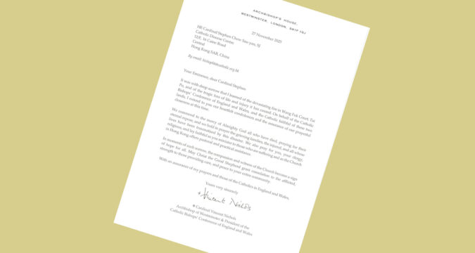 Message of condolence from Archbishop Vincent Nichols of Westminster, following fire at Wang Fuk Court, Tai Po