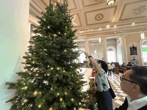 Thanksgiving prayers hung on Christmas trees at Singapore cathedral Thanksgiving prayers hung on Christmas trees at Singapore cathedral