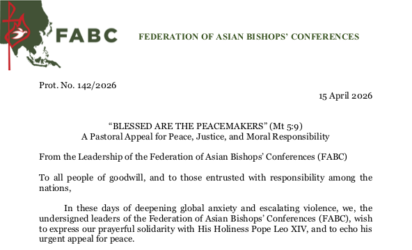 Asian bishops  issue statement expressing solidarity with Pope Leo XIV, calling for end to violence, calling for dialogue and justice