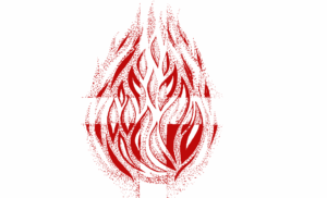 Abstract red flame emblem with layered curved shapes on a white background
