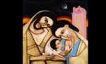 Holy Family: Mary and Joseph lean toward baby Jesus, cradled in Mary’s arms, with tender expressions.