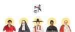 WYD Seoul 2027 logo centered above five illustrated figures with halos: a young man, a nun, a priest, a cloaked woman, and a bishop from left to right.