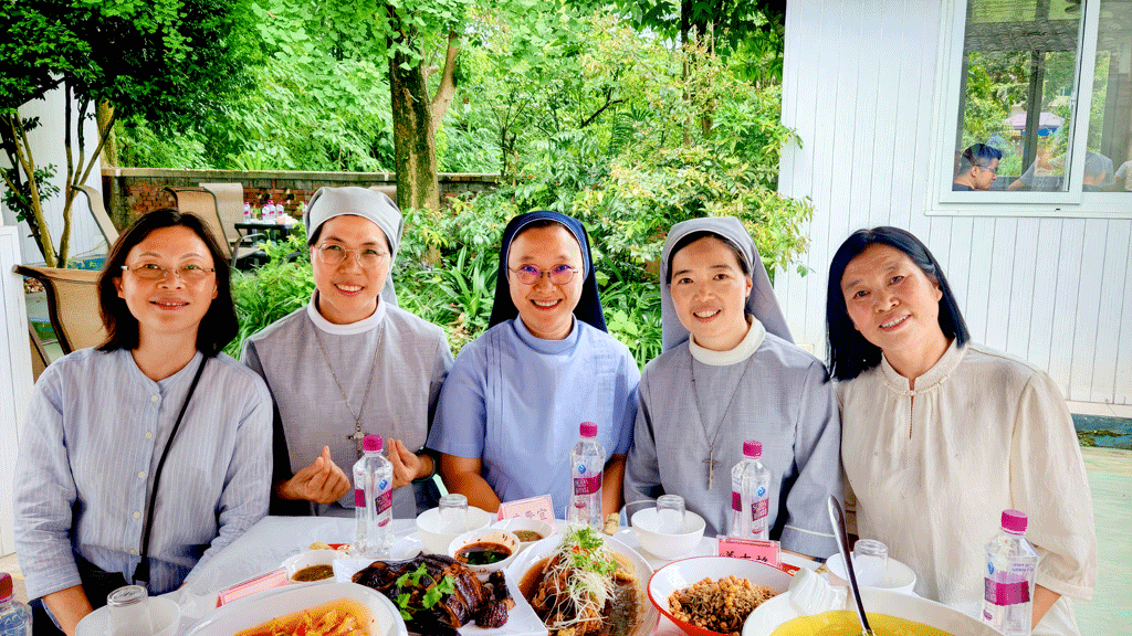 Members of the Hong Kong delegation share lunch with local religious sisters in the Diocese of Leshan following a visit to the Catholic church there on June 4. At the centre is Sister Chong and first from the left is Susanna Ching