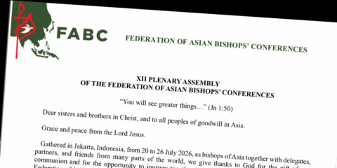 Tilted document page showing FAB C logo and the title 'Federation of Asian Bishops’ Conferences' for XII Plenary Assembly.