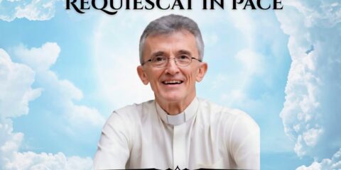 Memorial banner for Rev. Fr. Sergio Arturo Chavira Alvarez with a priest's portrait against a cloudy sky, cross, and church name.